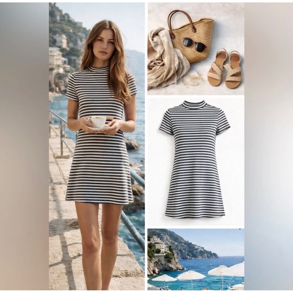 Free People Beach Striped Mock Neck Mini Dress Grey White Short Sleeve sz Small
